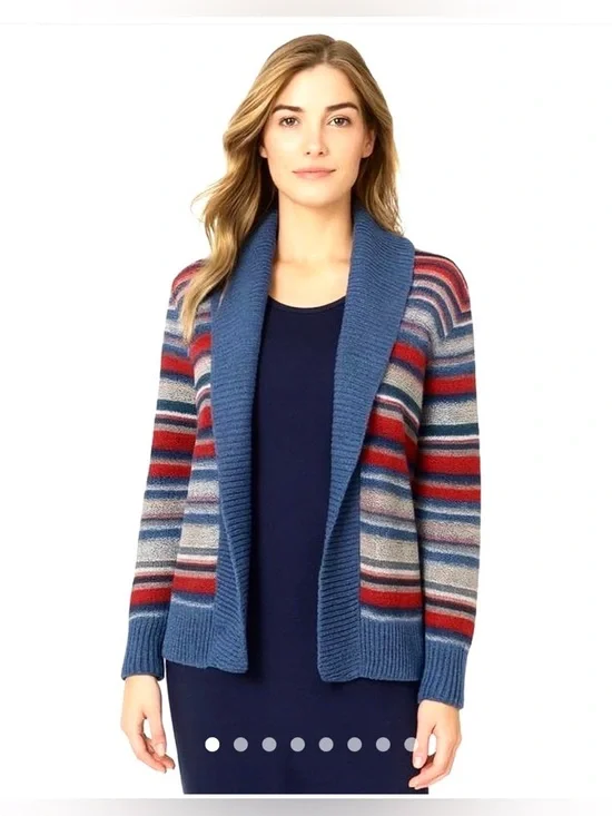Ralph Lauren Blue-Trim Multicolor Striped Open-Front Cardigan - Picture 7 of 7